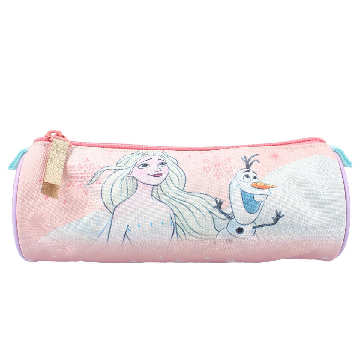 Rosa Federmäppchen mit Elsa und Olaf aus Frozen. Es hat auch Schneeflocken und einen rosa Reißverschluss.