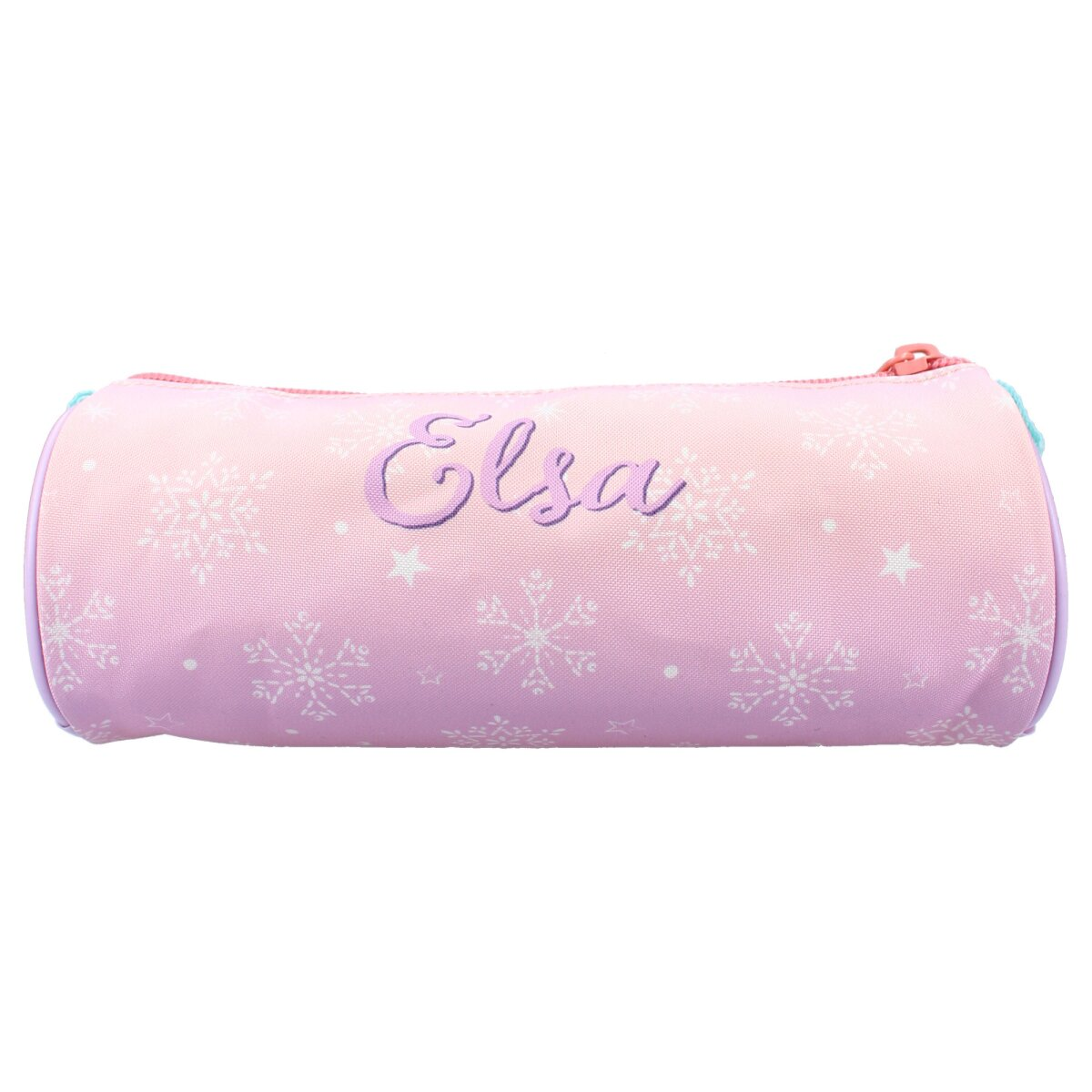 Rosa Federmäppchen mit Schneeflocken und dem Namen 'Elsa'. Es hat einen Reißverschluss.