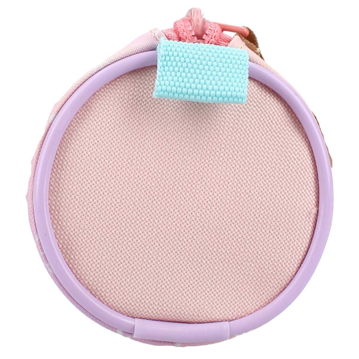Kreisförmiges rosa Etui mit rosa Rahmen, hellblauem Lasche und Reißverschluss. Das Etui hat eine rosa Stoffbasis.