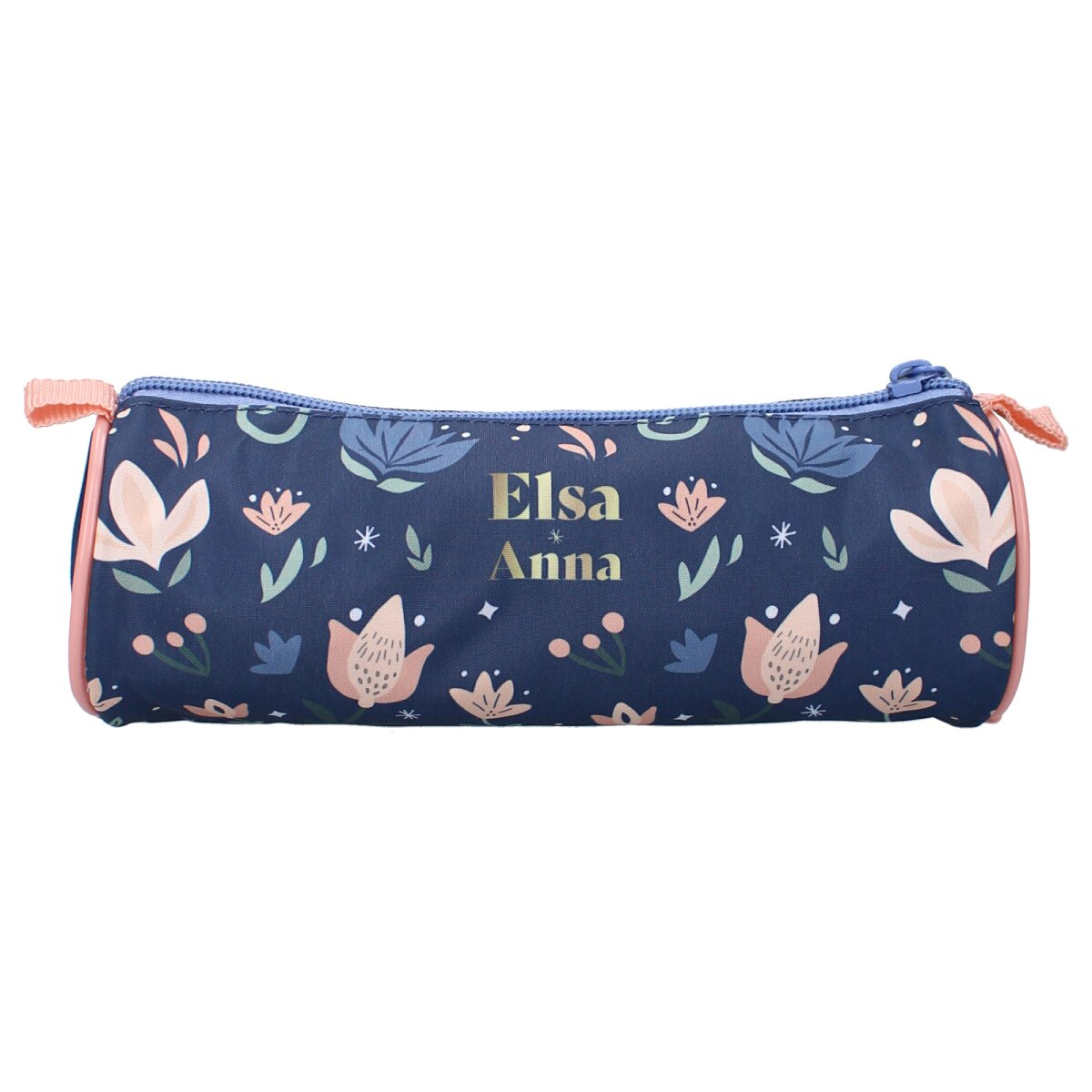 Dunkelblaues Federmäppchen mit rosa Blumen und den Namen 'Elsa' und 'Anna'. Es hat einen blauen Reißverschluss.