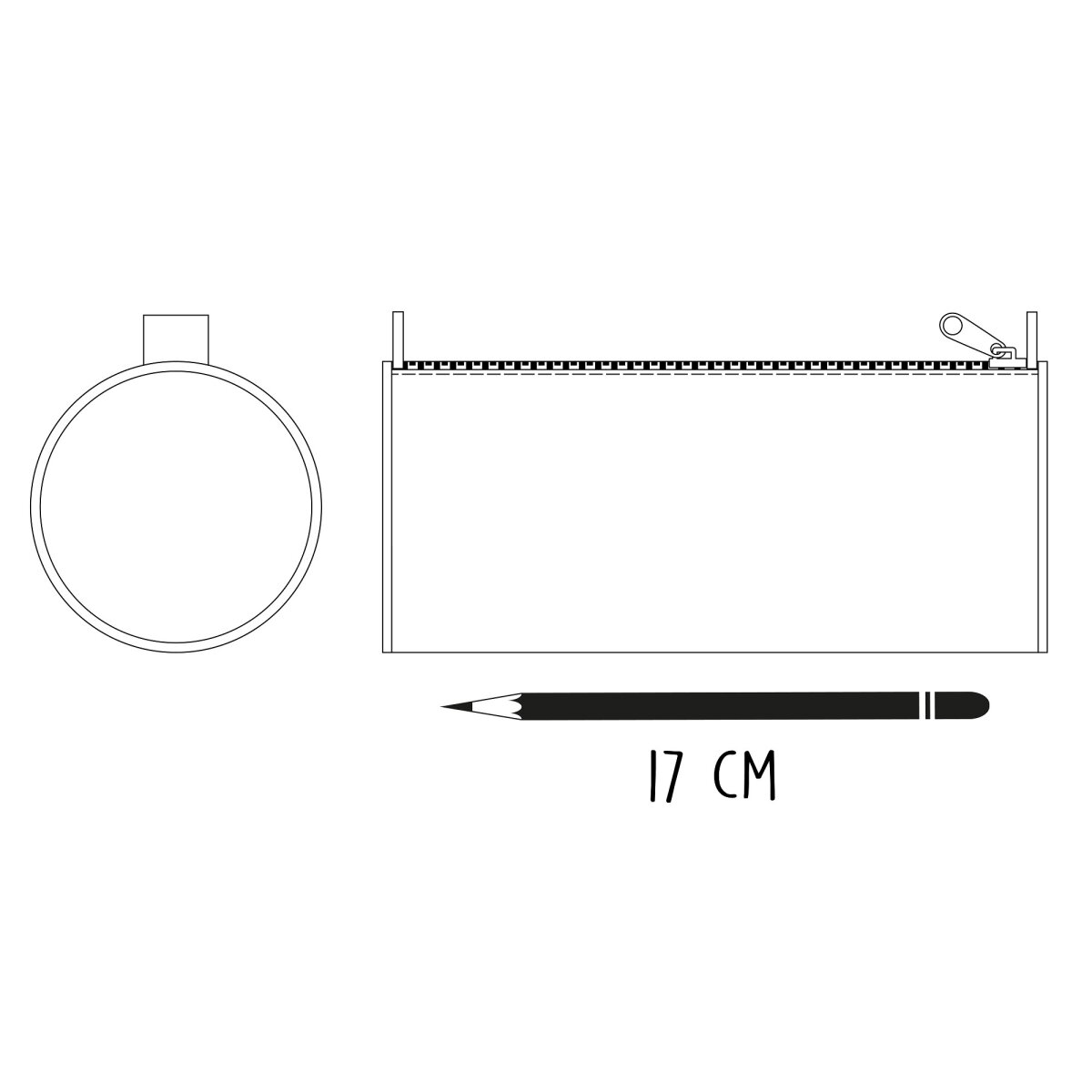 Strichzeichnung eines Federmäppchens, Bleistifts und eines Kreises. Das Federmäppchen hat einen Reißverschluss und ist 17 cm lang.