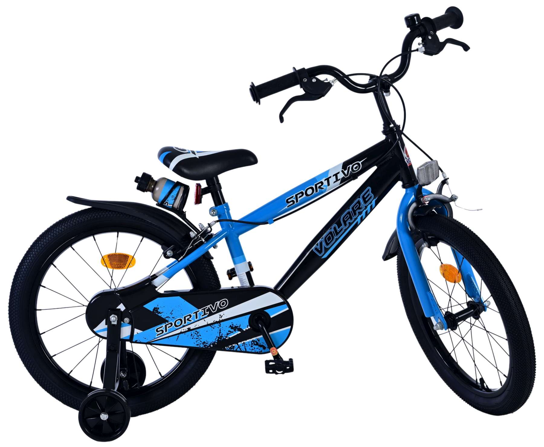 Schwarz-blaues Fahrrad mit Stützrädern. Das Fahrrad hat einen Korb und das Wort "SPORTIVO" darauf.