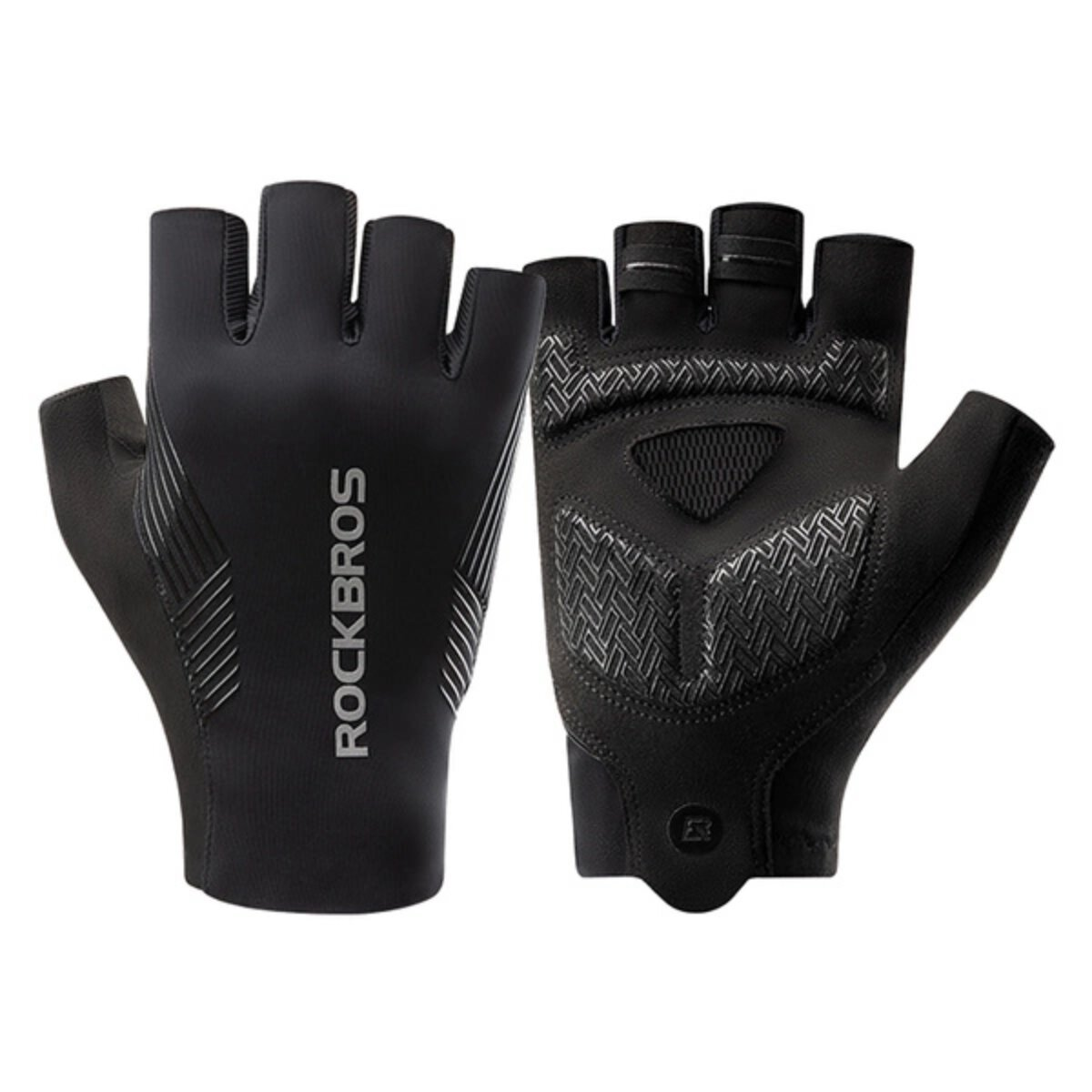 Schwarze Fahrradhandschuhe mit weißem Logo ROCKBROS. Die Handschuhe haben Polster an den Handflächen.