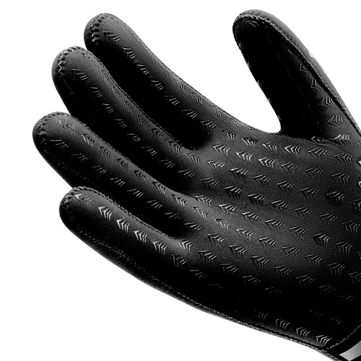 Nahaufnahme einer schwarzen Handschuhhandfläche. Die Oberfläche des Handschuhs hat ein strukturiertes Muster.