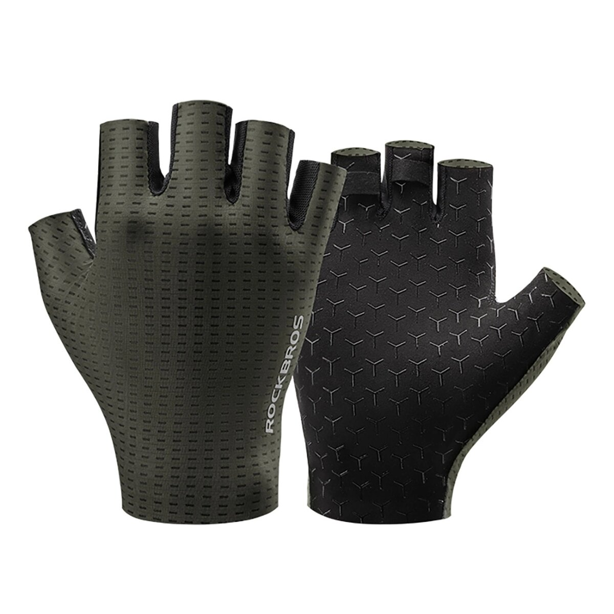 Zwei schwarze Radhandschuhe. Der rechte Handschuh hat ein Wabenmuster, der linke ein gepunktetes Muster.