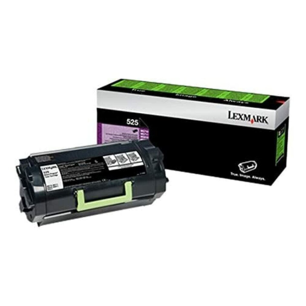 Czarny i fioletowy wkład z tonerem do drukarki Lexmark oraz jego pudełko. Pudełko zawiera logo Lexmark i informacje o produkcie.