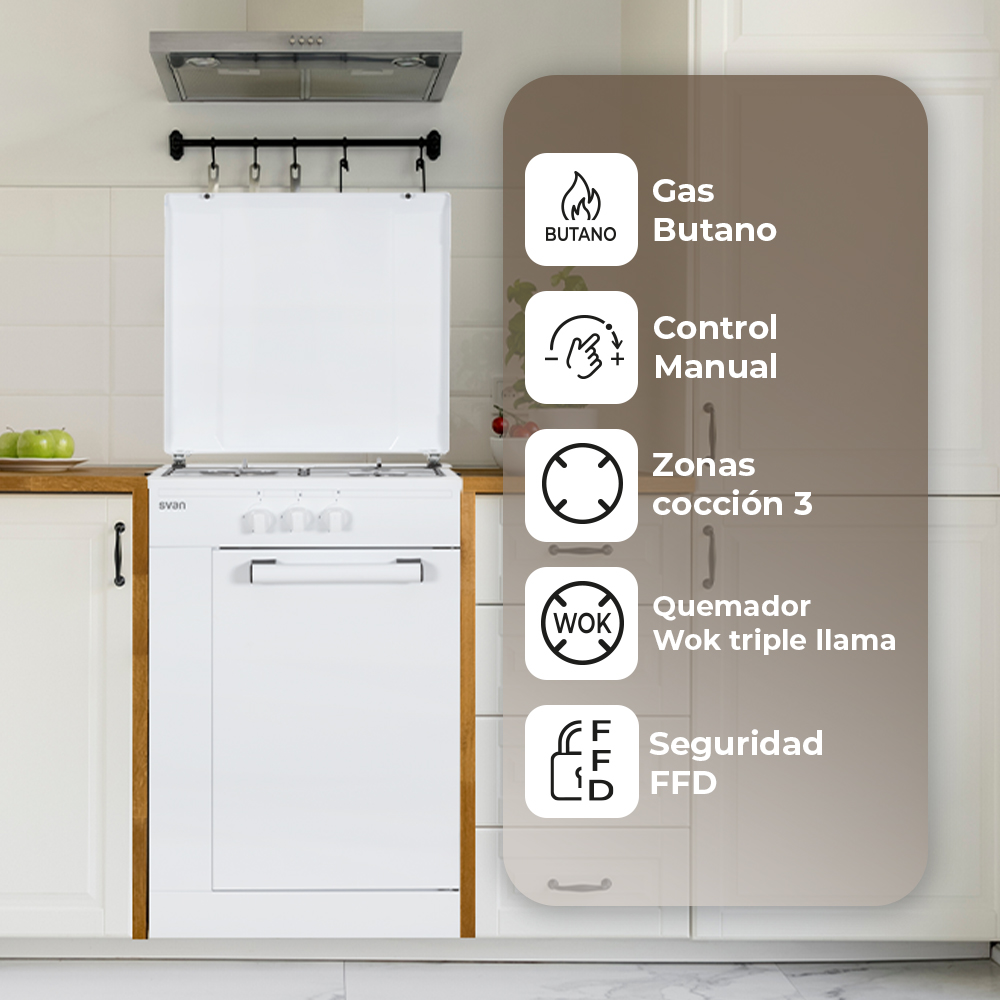 Una cocina blanca con una placa de cocina negra y una pantalla con iconos y texto. La puerta del horno está cerrada.