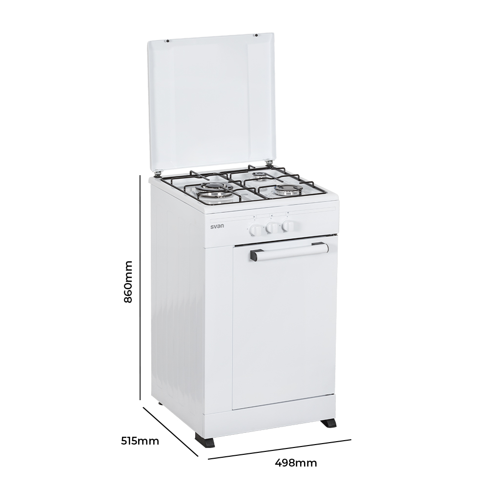 Un electrodoméstico de cocina blanco con dimensiones y características.