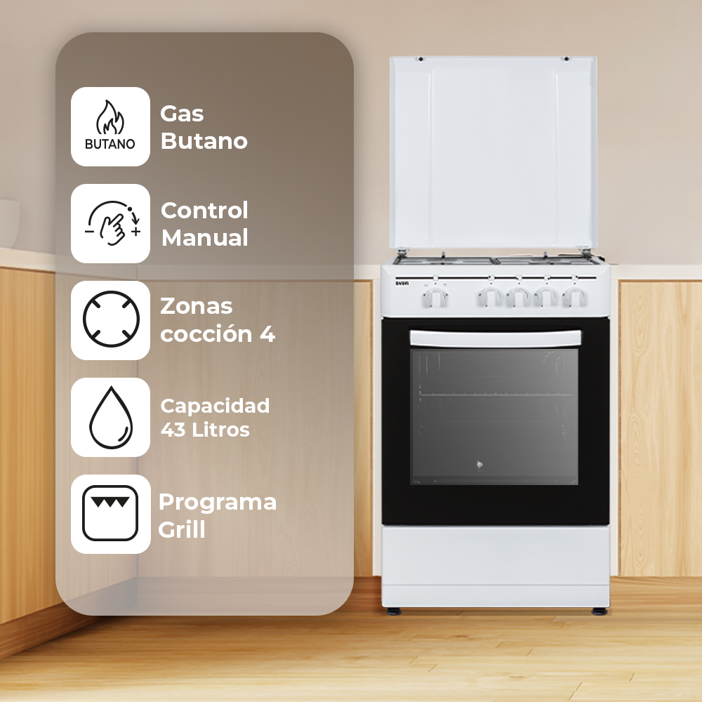 Horno blanco con tapa abierta e iconos de información. Controles de gas y manuales. 4 zonas de cocción. 43 litros.