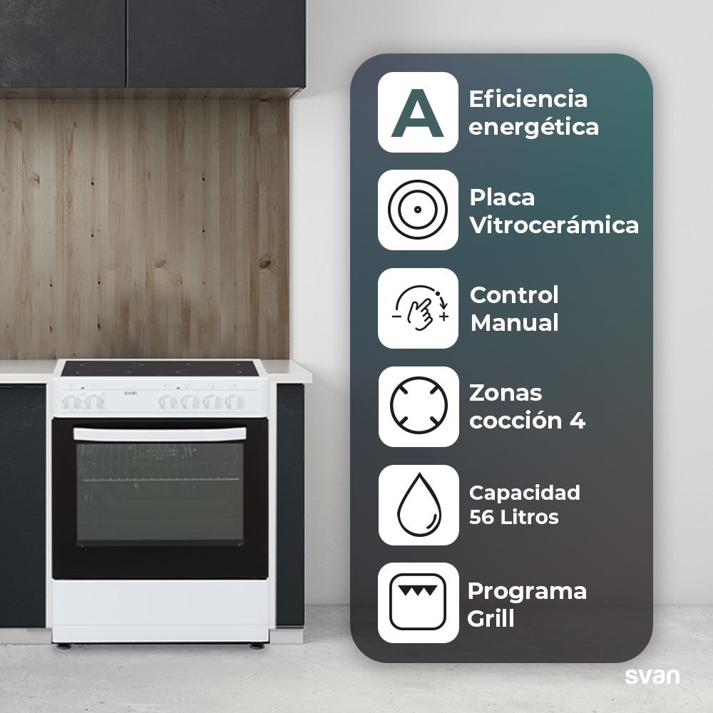 Una estufa blanca con una placa de cocina negra y un gráfico con texto. La estufa está en un entorno de cocina.