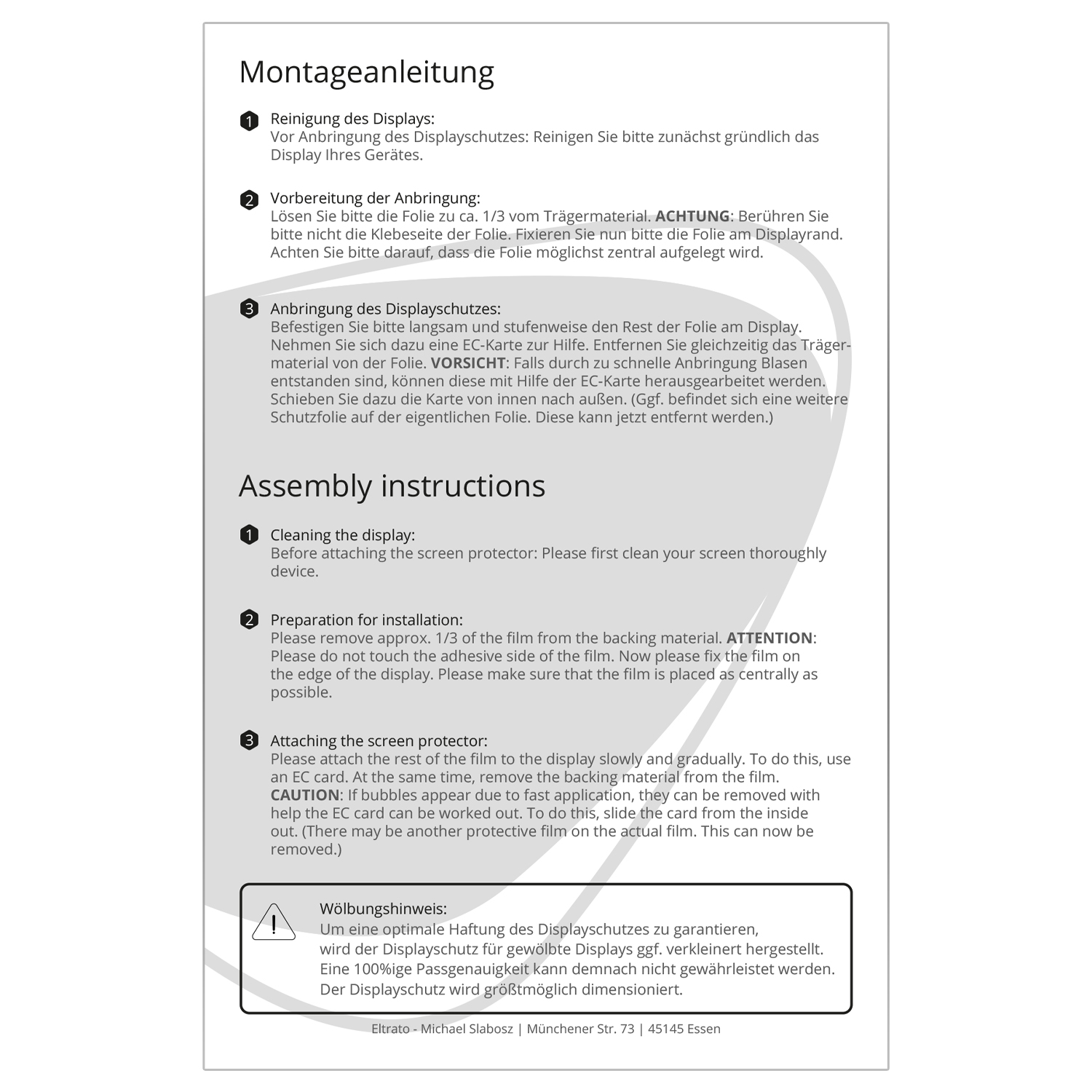 Anleitung zum Aufbringen einer Displayschutzfolie. Text auf Deutsch und Englisch. Schritte umfassen Reinigung, Vorbereitung und Anbringen.