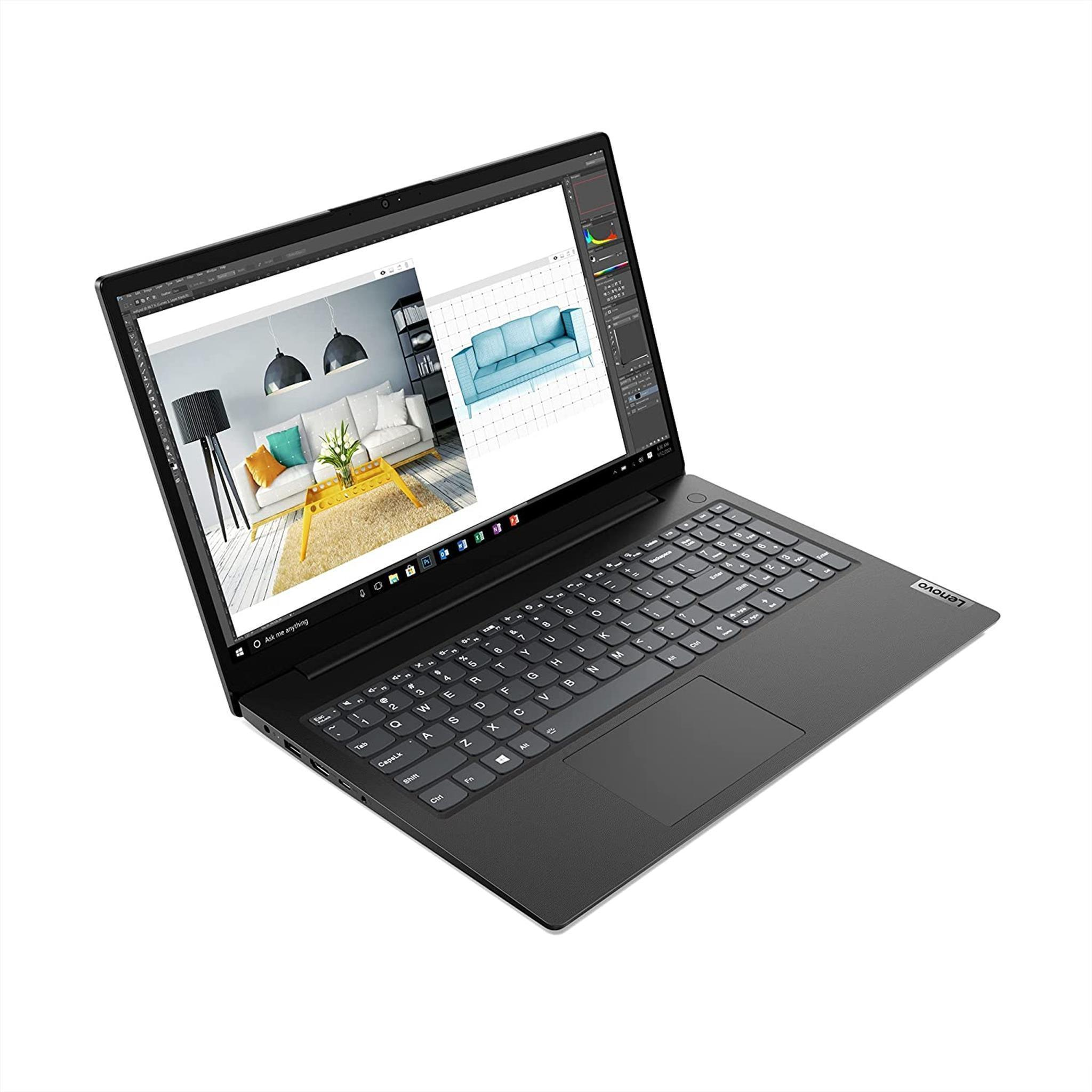 Geöffneter Laptop zeigt ein Design mit Couch und Raum. Tastatur ist sichtbar. Weißer Hintergrund.