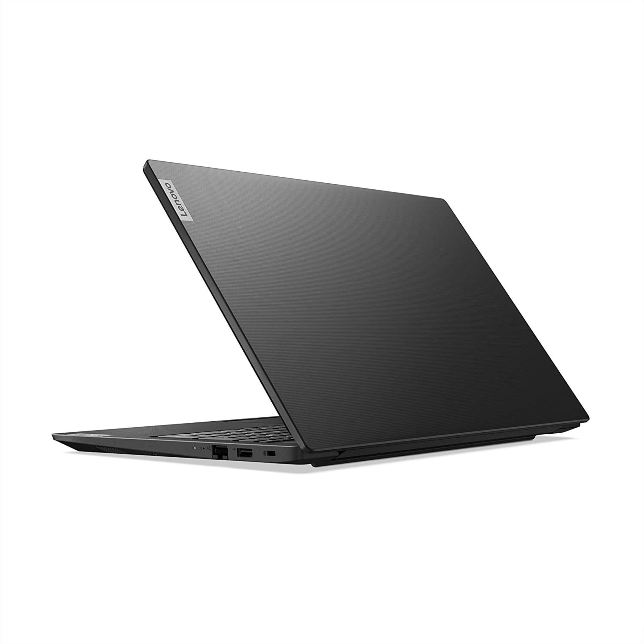 Schwarzer Lenovo-Laptop auf Weiß. Er ist in einem Winkel geöffnet und zeigt die Tastatur und die Rückseite des Bildschirms mit dem Logo.