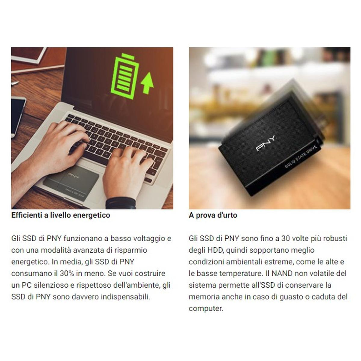 Mani che digitano su un laptop, con una scheda SSD PNY. Viene visualizzata un'icona verde della batteria con una freccia verso l'alto.