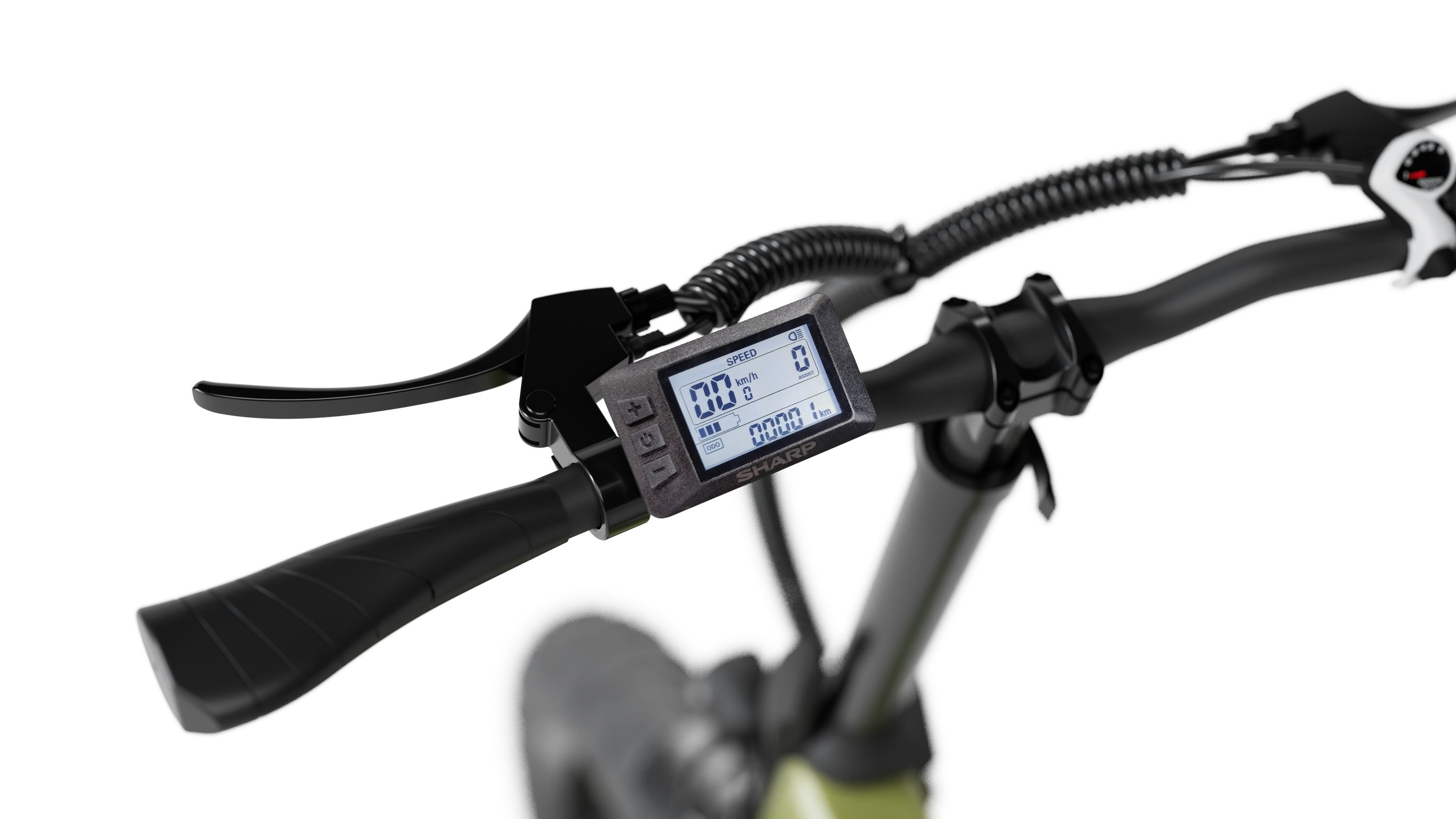 Nahaufnahme des Lenkers eines Elektrofahrrads. Der Lenker ist schwarz mit einem Display, das Geschwindigkeit und andere Daten anzeigt.