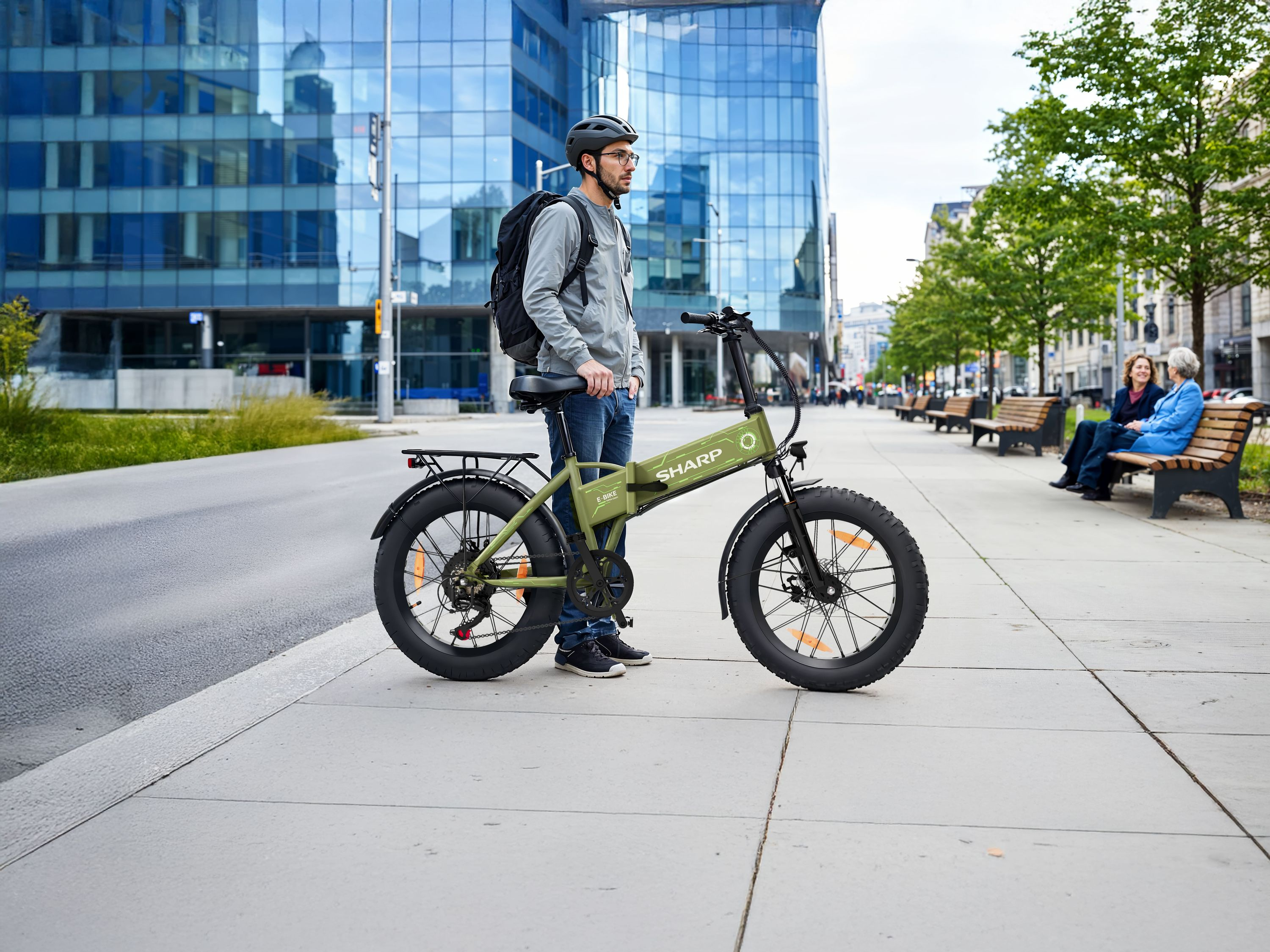 Ein Mann mit Rucksack steht neben einem Elektrofahrrad auf einem Bürgersteig. Gebäude und Bäume im Hintergrund.