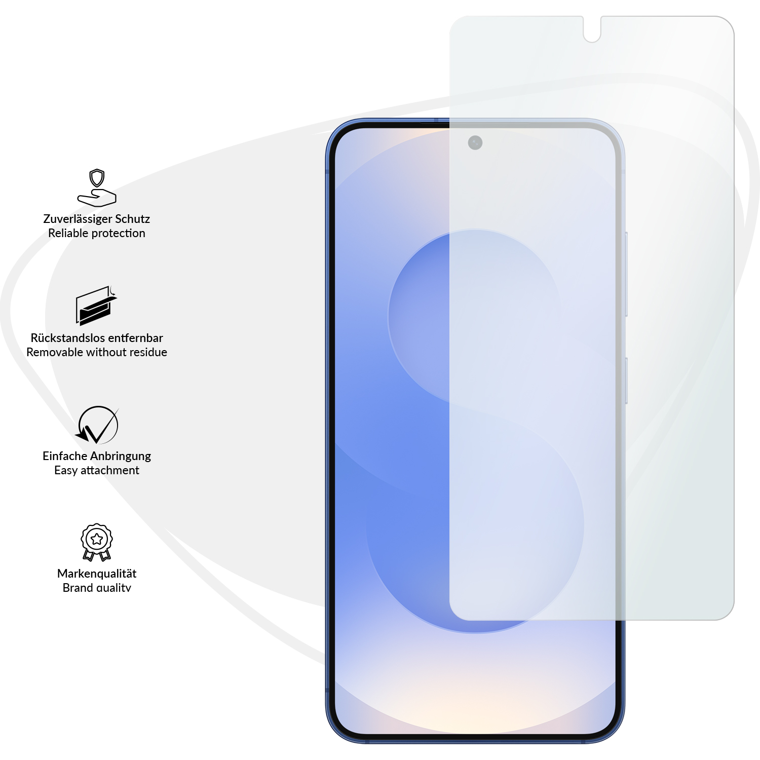 Ein Telefon mit Displayschutz, Icons mit Text: zuverlässiger Schutz, entfernbar, einfache Anbringung, Markenqualität.
