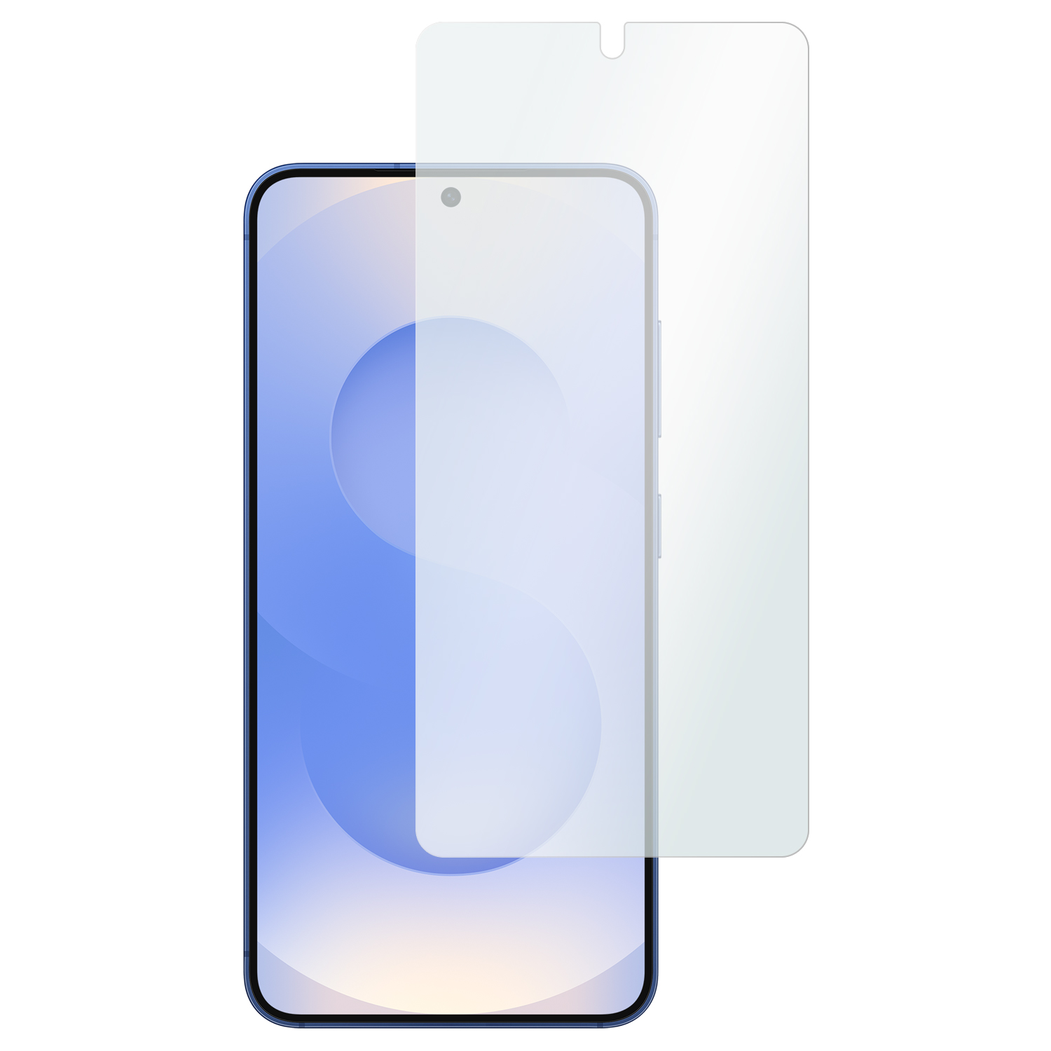 Ein Smartphone mit Displayschutzfolie. Das Telefon ist blau mit hellblauem Hintergrund. Der Displayschutz ist transparent.