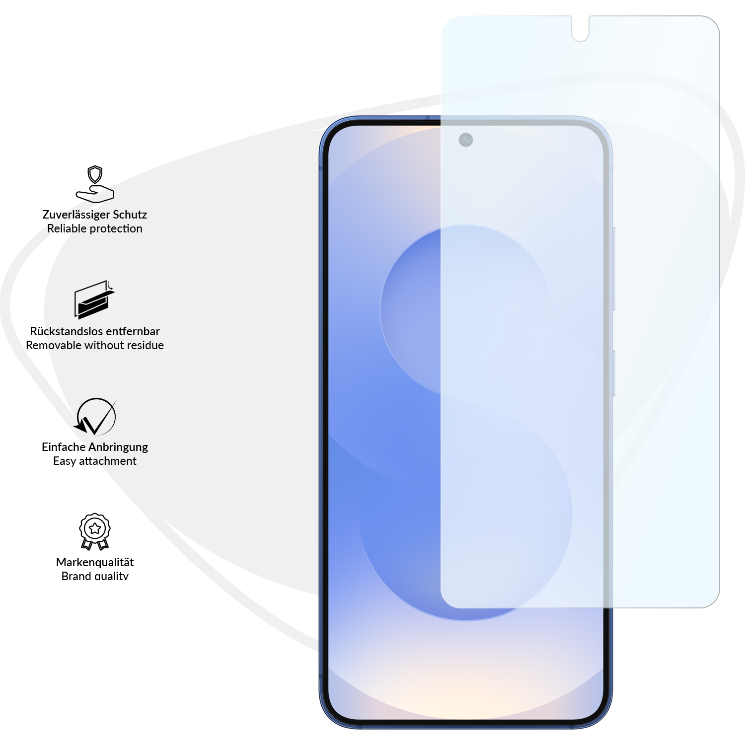 Ein Smartphone mit Displayschutzfolie. Textetiketten weisen auf zuverlässigen Schutz, einfache Anbringung und Markenqualität hin.