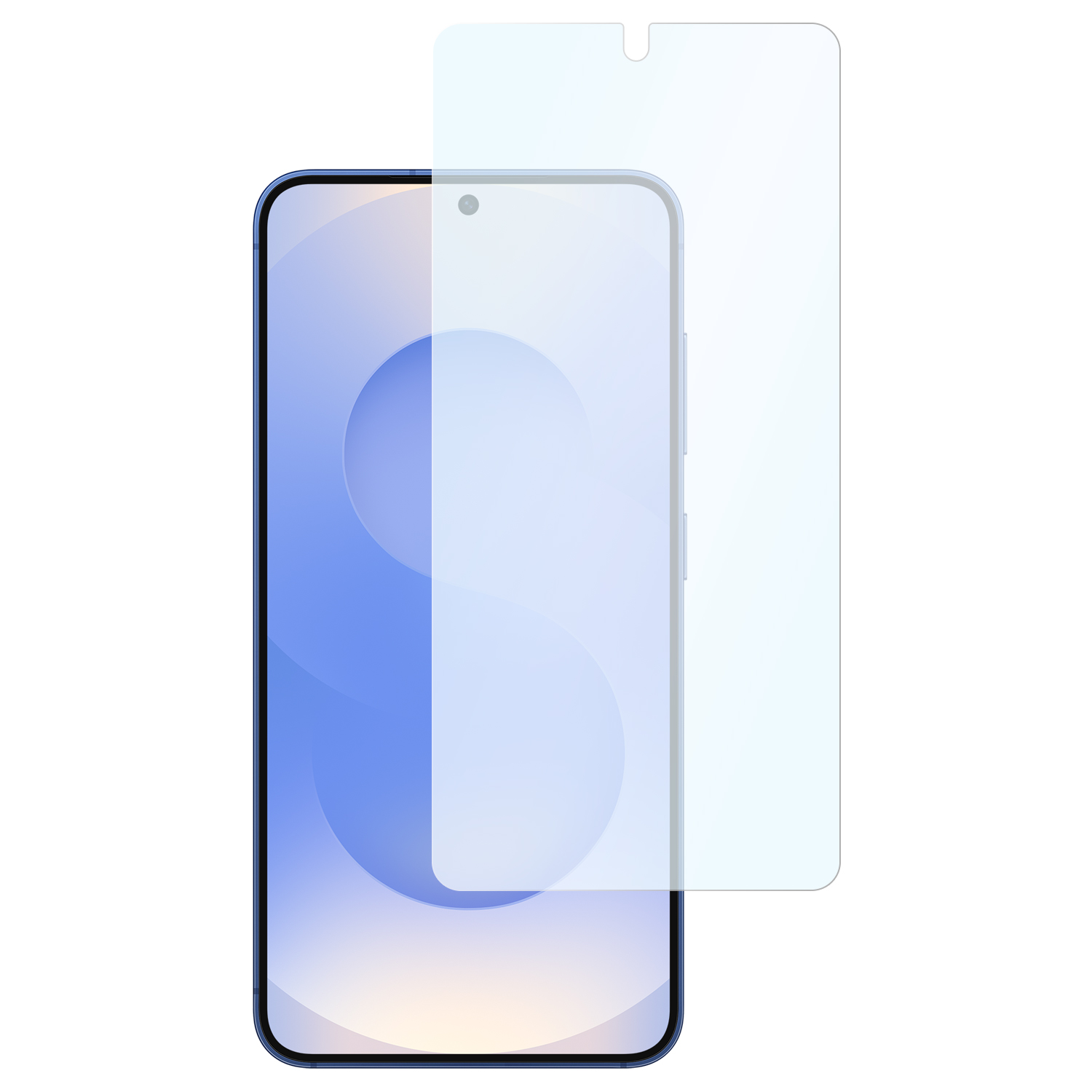 Ein Smartphone mit Displayschutzfolie. Das Telefon ist blau und hat einen hellblauen Bildschirm. Der Schutz ist transparent.