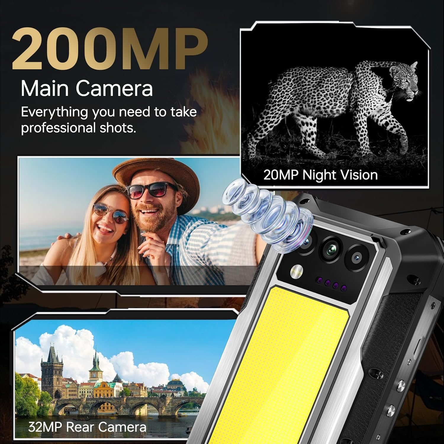 Smartphone mit mehreren Kameras. Das Telefon hat ein hellgelbes Licht und Bilder eines Leoparden, Menschen und einer Stadt.