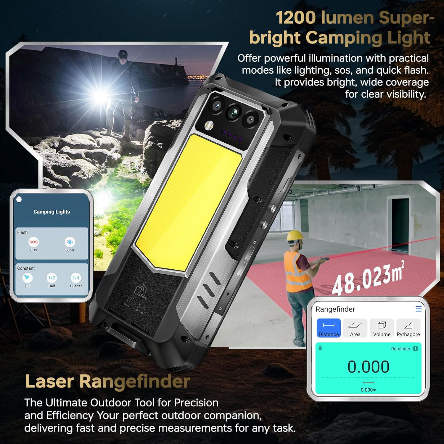 Robustes Smartphone mit hellem gelbem Licht, Laser-Entfernungsmesser und Campinglicht-Funktionen. Enthält Etiketten und Text.