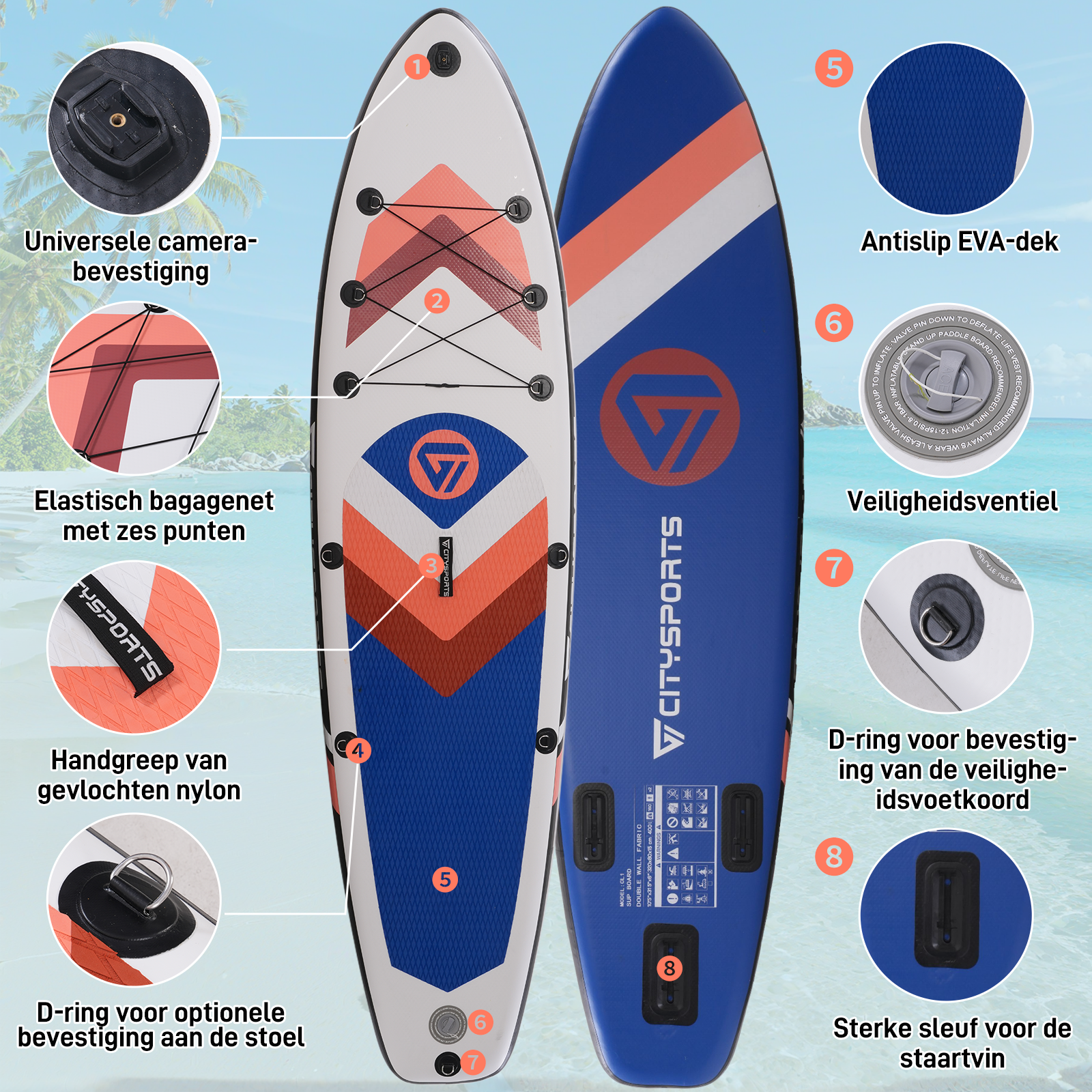 Twee CitySports paddleboards. Eén met de voorkant omhoog, met details. De andere, ondersteboven, met een blauw en wit ontwerp.