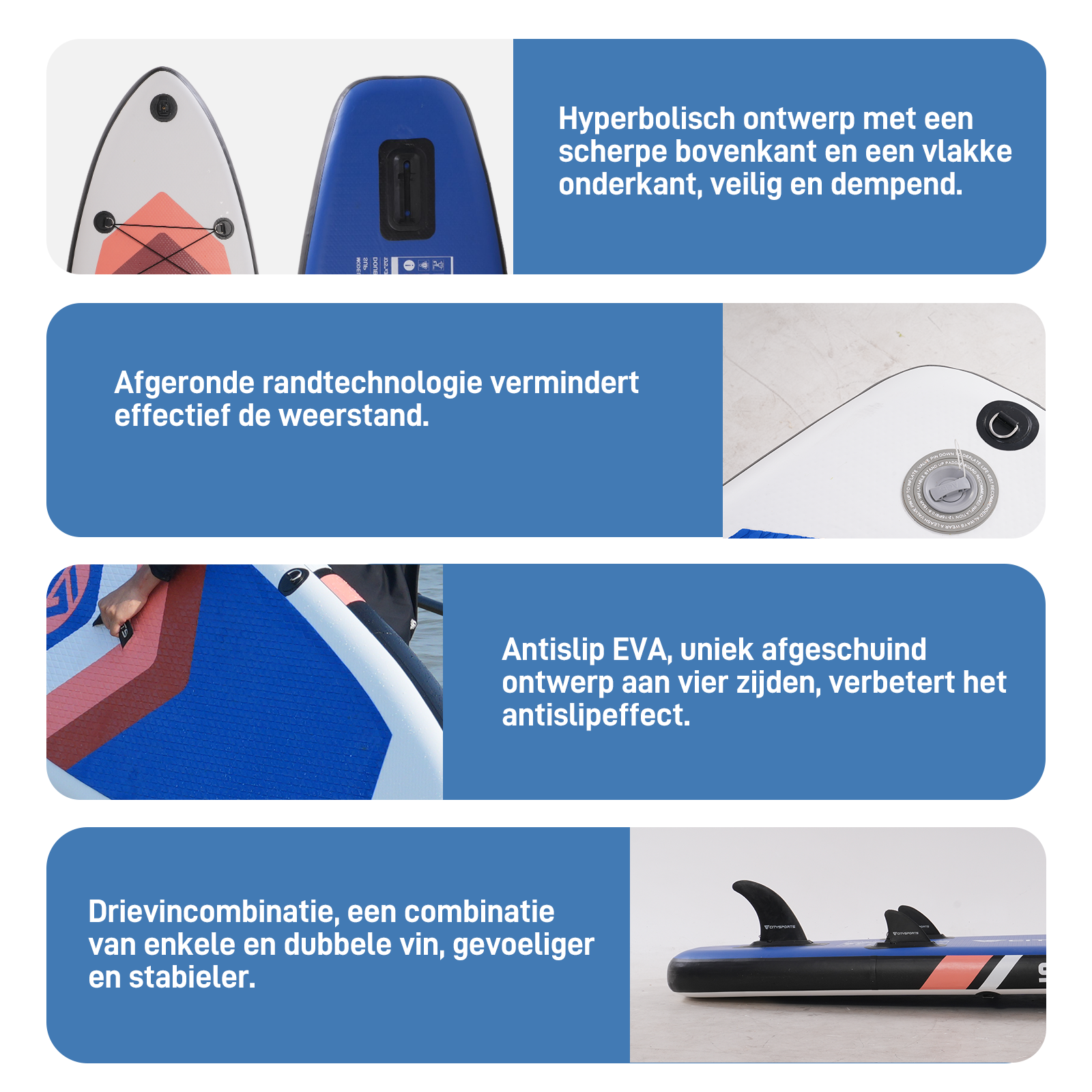 Afbeelding toont details van een paddleboard: Hyperbolisch ontwerp, afgeronde randen en vinnencombinatie.