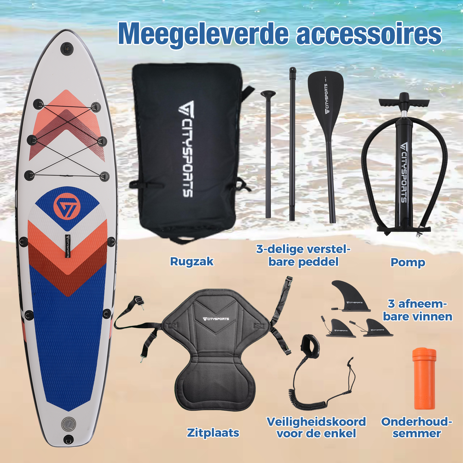 Paddleboard met accessoires: tas, peddel, pomp, stoel, vinnen, leash en onderhoudscilinder. Alles in het Nederlands gelabeld.