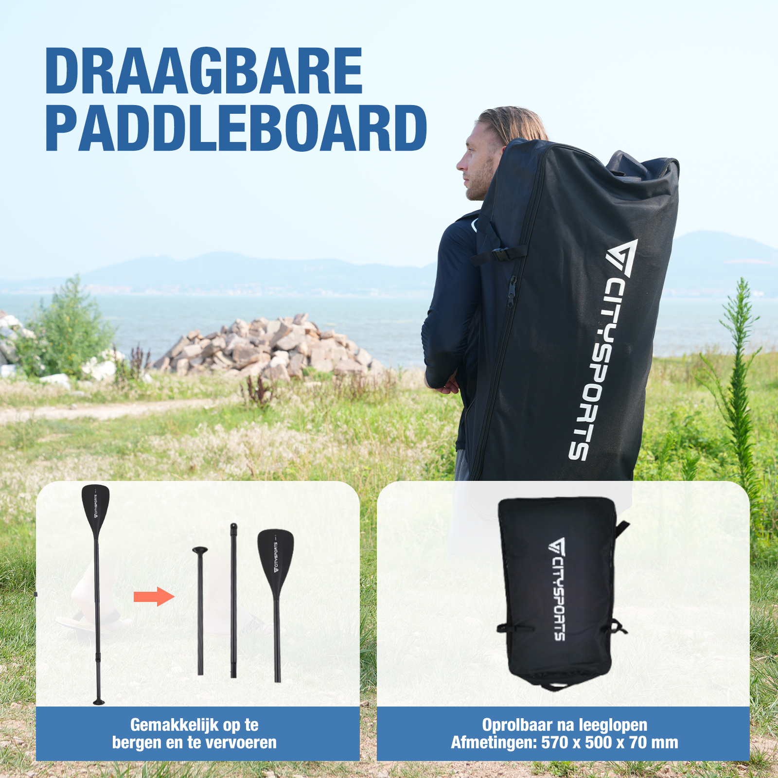 Persoon draagt paddleboardtas en paddleboard. Toont ook peddel en gedemonteerde peddel.