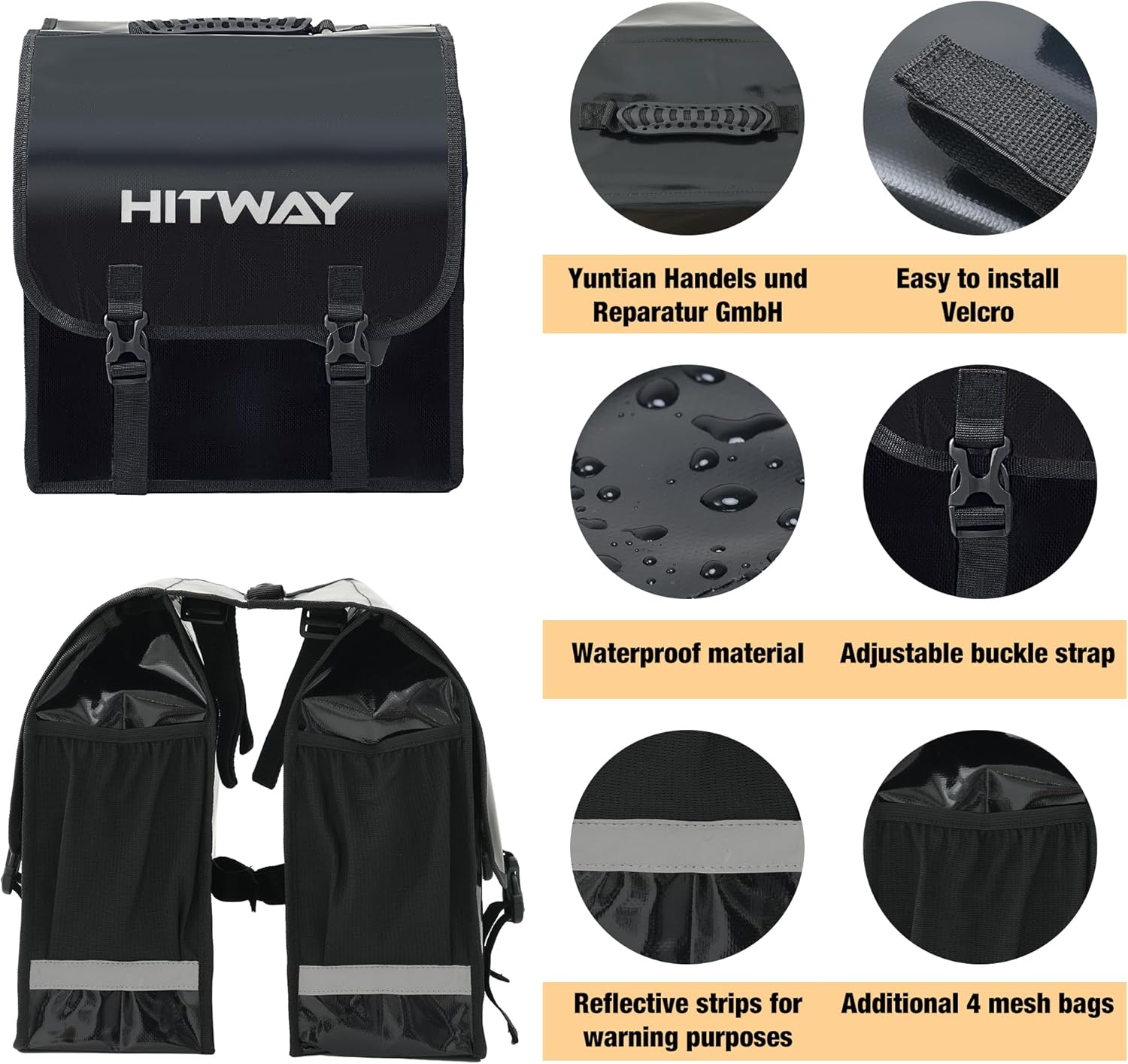Schwarze HITWAY-Fahrradtasche mit mehreren Fächern, Schnallen und reflektierenden Streifen. Enthält Details zu wasserdichtem Material und Netztaschen.