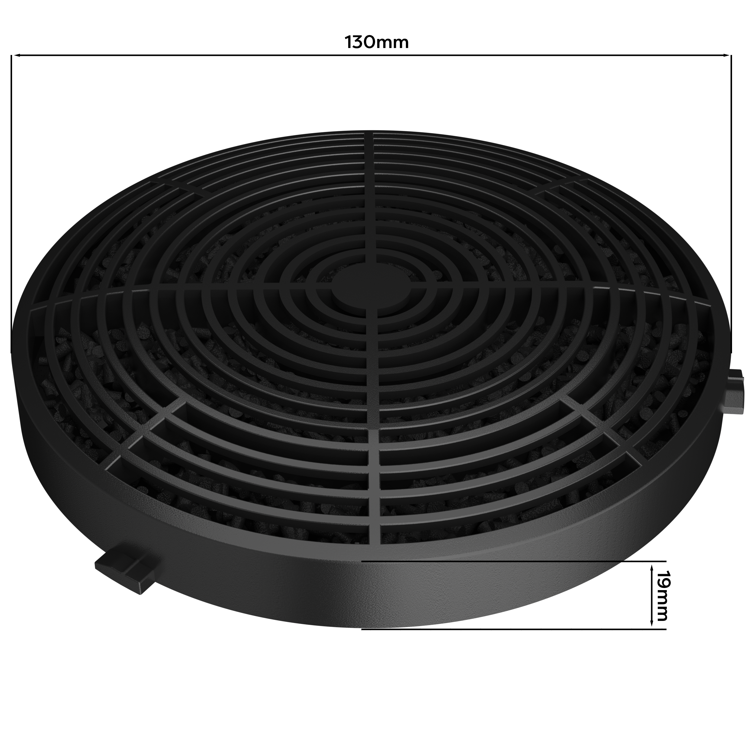 A black, circular carbon filter with a grid design, dimensions labeled as 130mm and 19mm. Two small attachment points are visible.