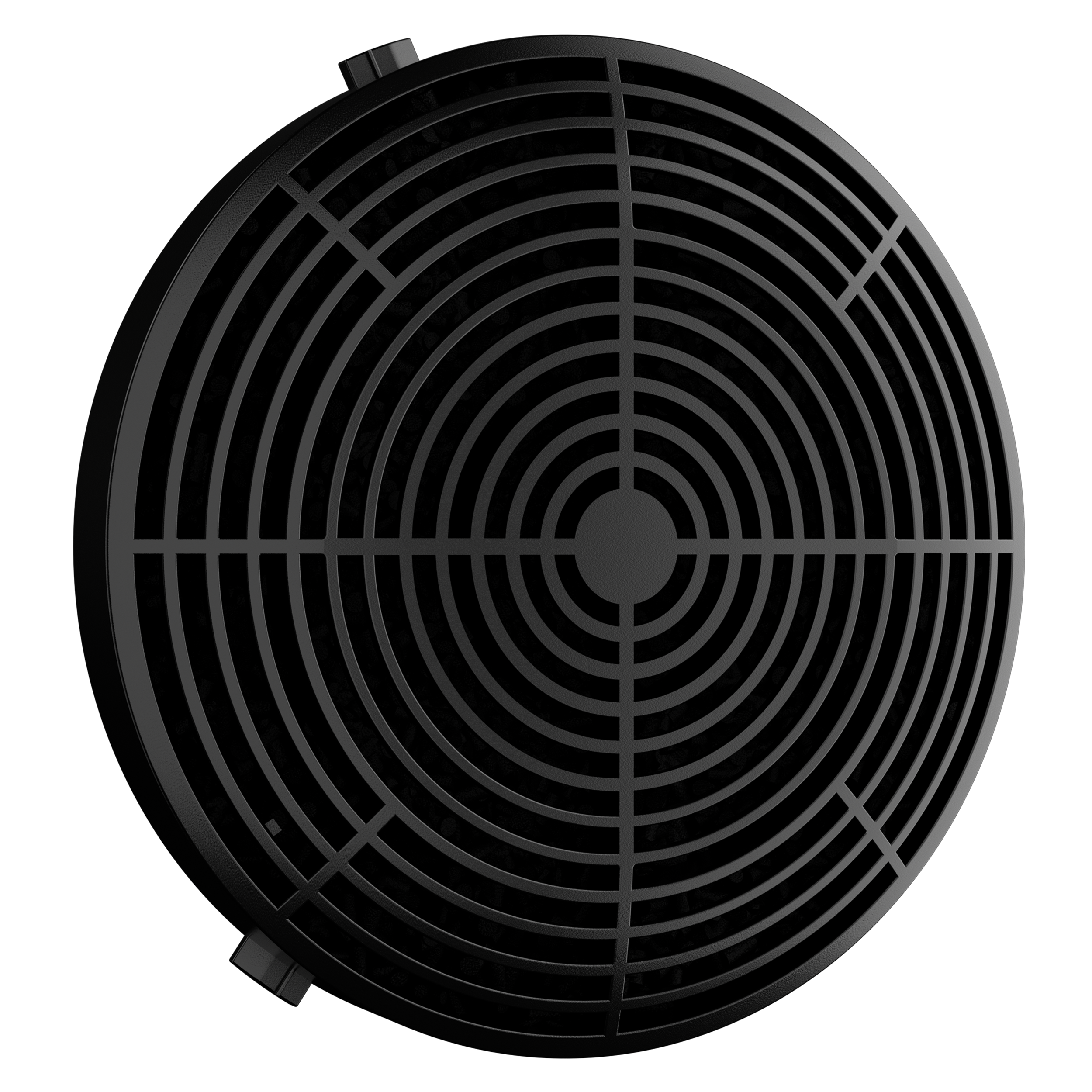 A black, circular carbon filter with concentric circular grill design. The filter is round with a central hub and visible grill lines.