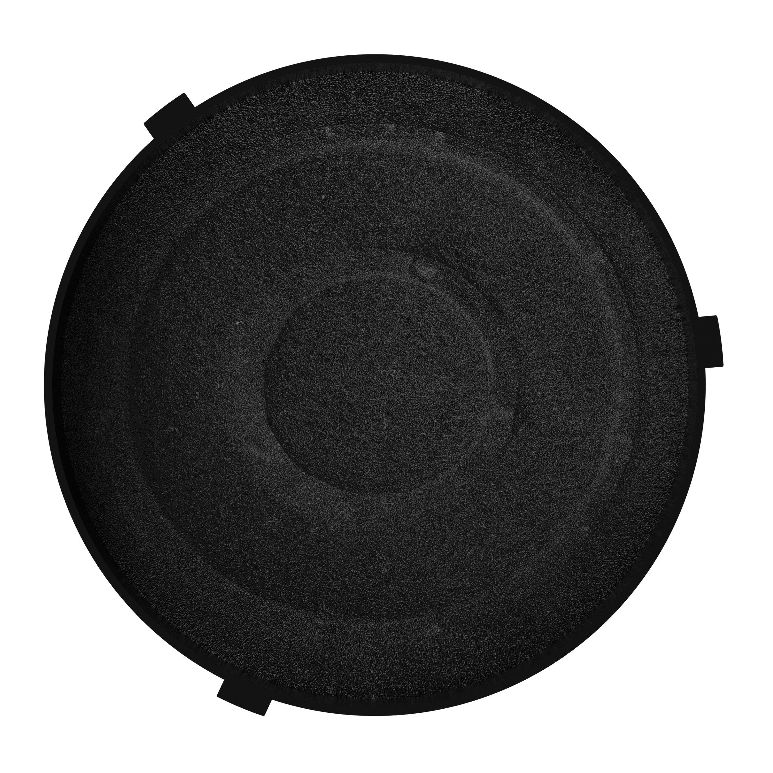 A black, circular carbon filter. The filter is round and has a texture on its surface with three small, black tabs around the edge.