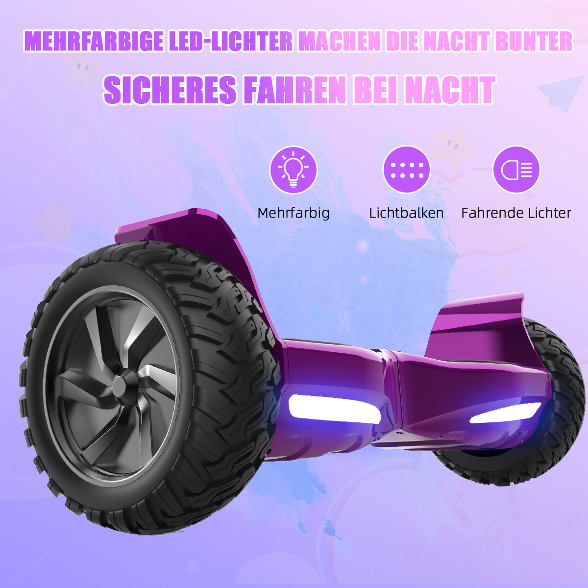 Fioletowy hoverboard ze światłami. Ikony świateł wielokolorowych, pasków świetlnych i świateł do jazdy. Niemiecki.