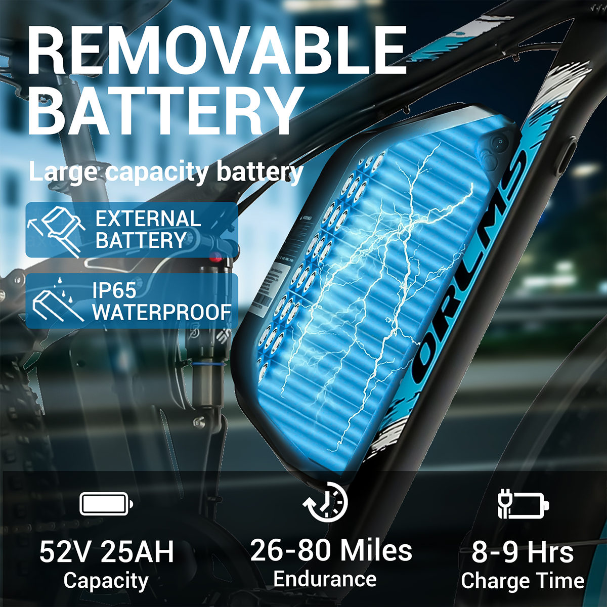 Schemat baterii e-bike. Tekst wskazuje, że jest to wyjmowana, wodoodporna bateria 52V 25AH o zasięgu 26-80 mil.