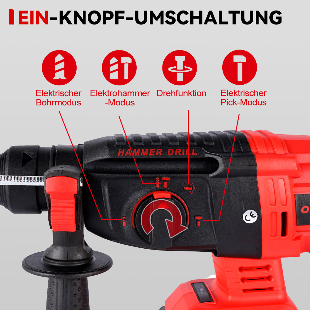 Nahaufnahme der Bedienelemente eines roten und schwarzen Bohrhammers.