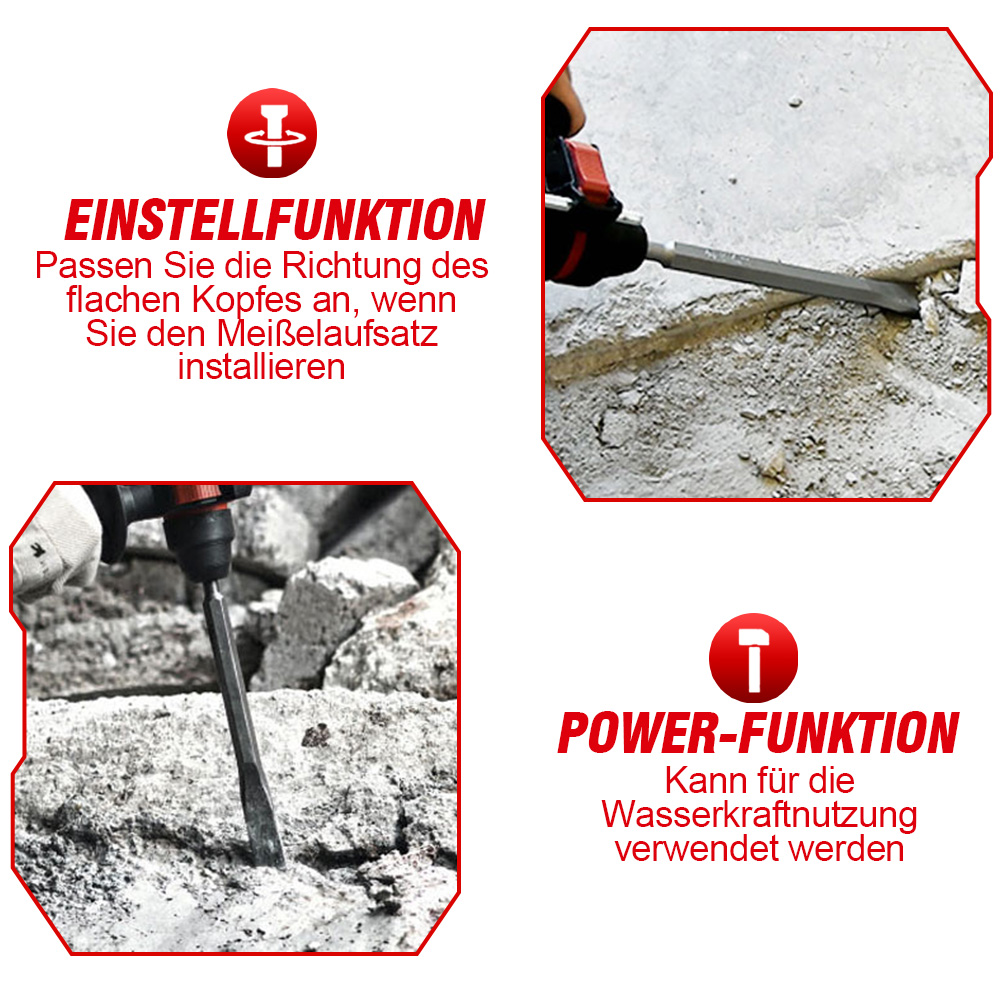 Bilder, die die Einstellungs- und Leistungsfunktionen eines Bohrhammers zeigen.
