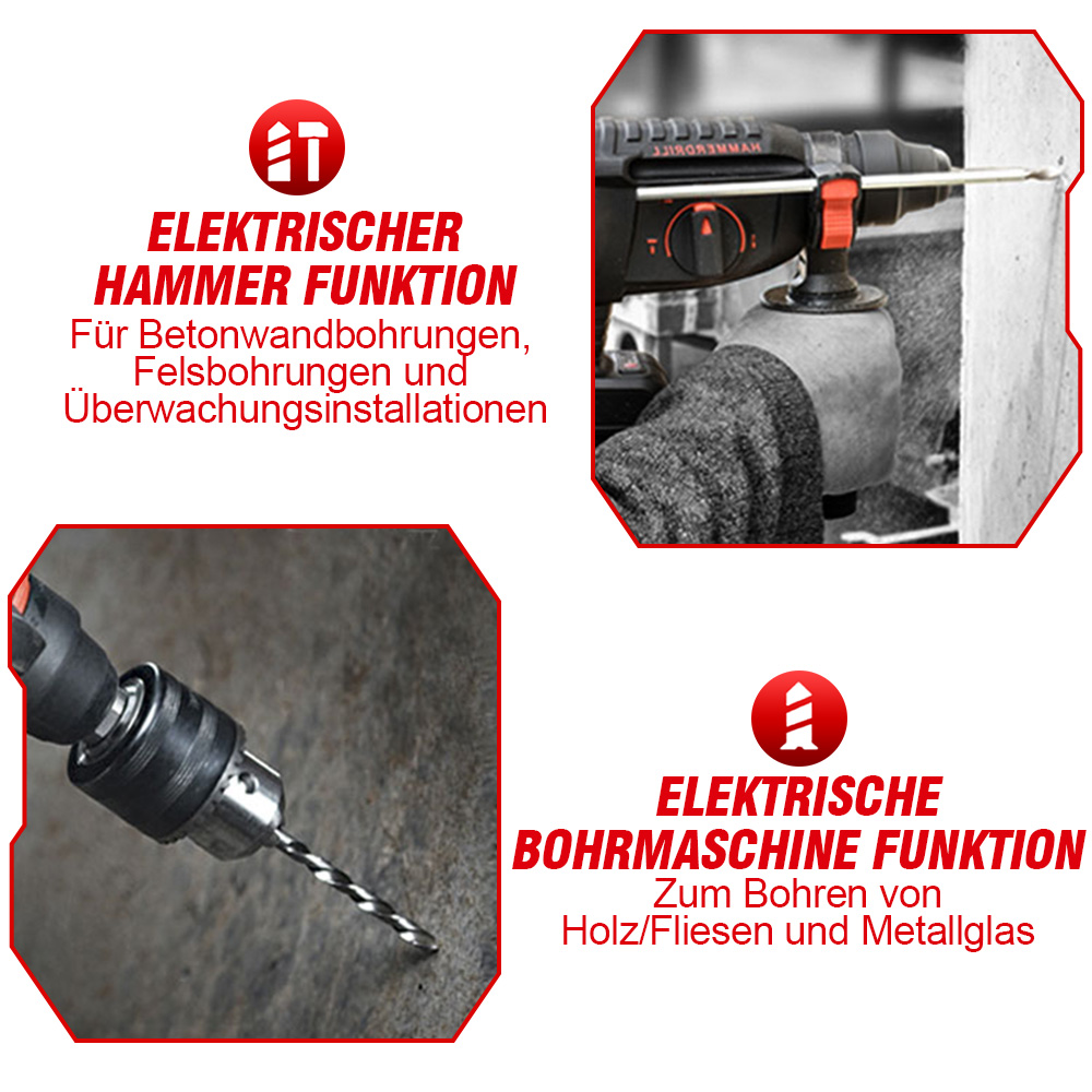 Das Bild zeigt die elektrische Hammerfunktion und die elektrische Bohrfunktion mit detaillierten Diagrammen.