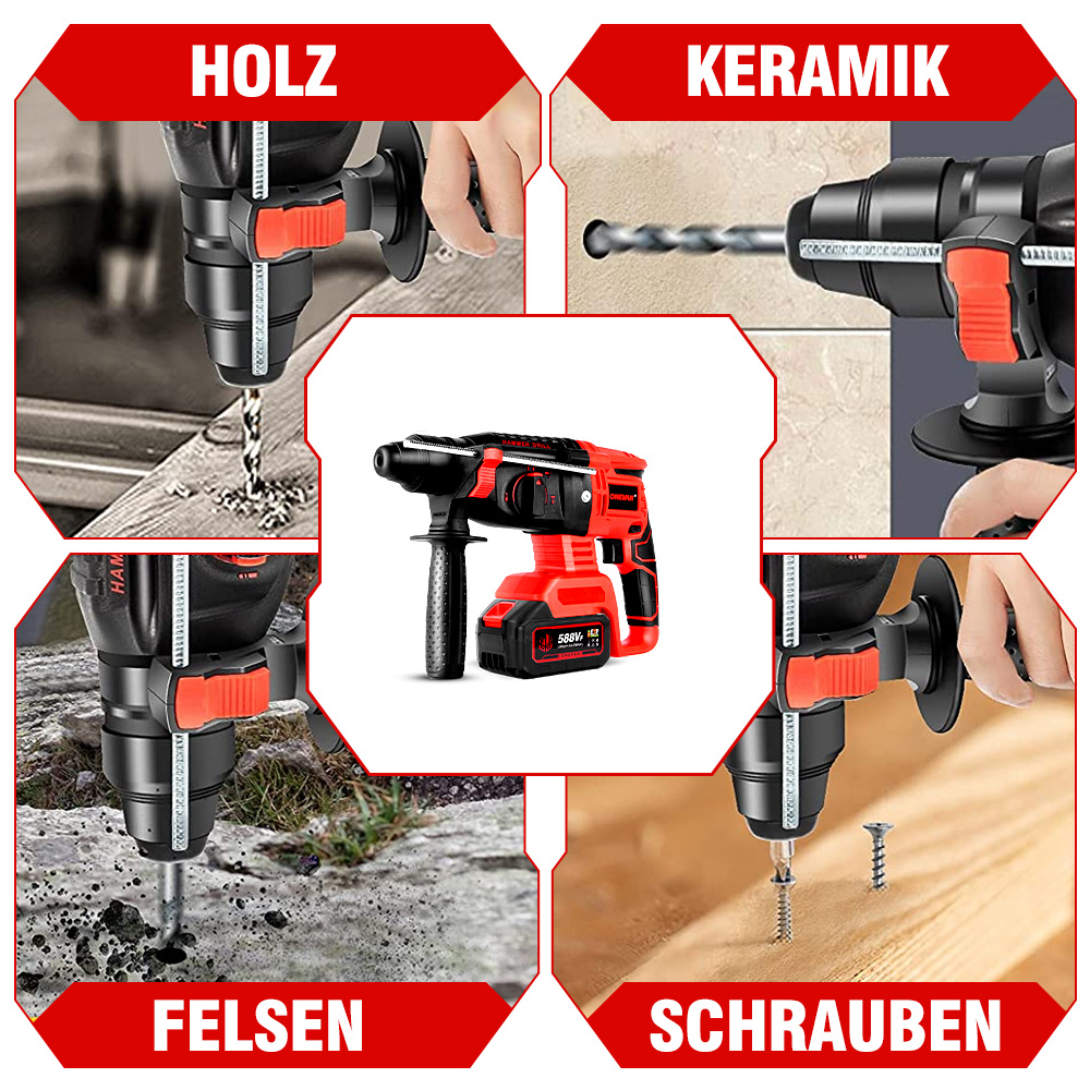 Ein roter und schwarzer Hammerbohrer, der für verschiedene Aufgaben verwendet wird: Bohren in Holz, Keramik, Felsen und Schrauben. Vier Bilder zeigen jede Aufgabe.
