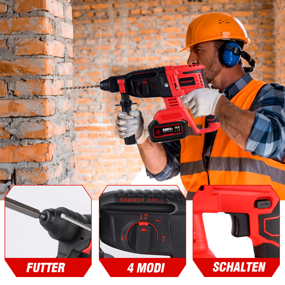 Mann bohrt mit einem roten und schwarzen Bohrhammer in eine Ziegelwand.