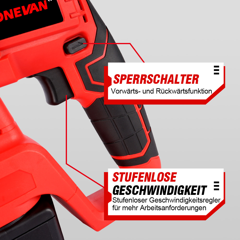 Nahaufnahme des Griffs eines roten und schwarzen Bohrers mit Drehzahlregler und Verriegelungsschalter.