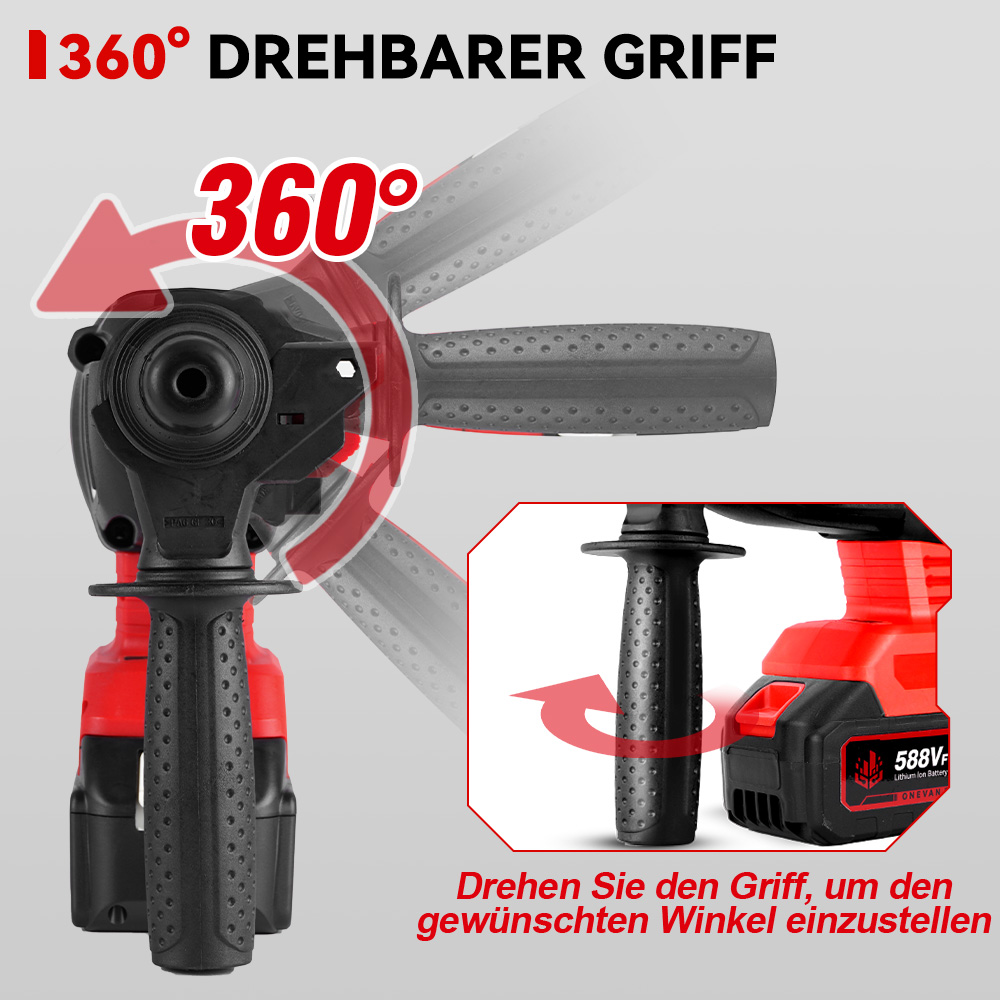 Ein Bohrer mit drehbarem Griff, mit einem Pfeil, der den Drehgrad und Text anzeigt.