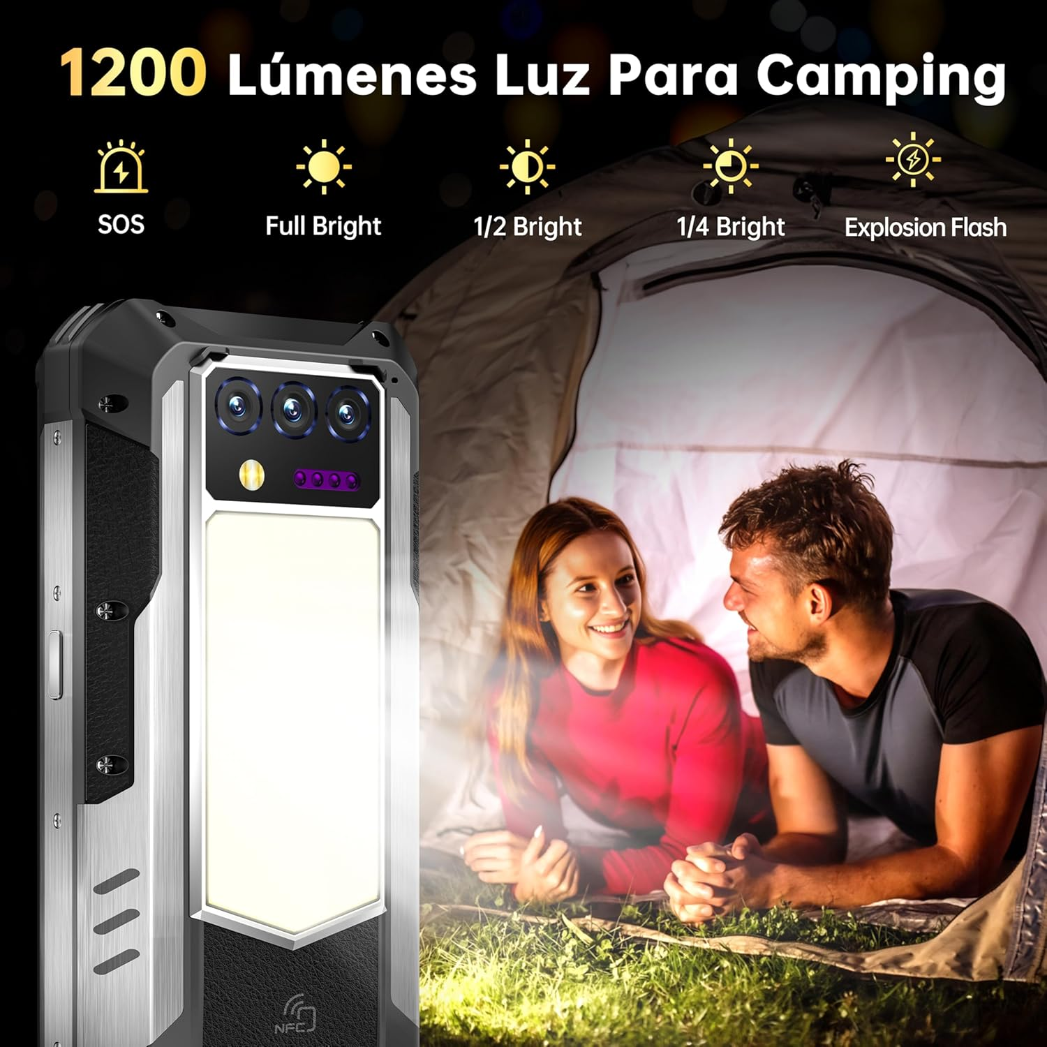 Una luce intensa illumina un telefono. Una coppia seduta vicino a una tenda di notte.