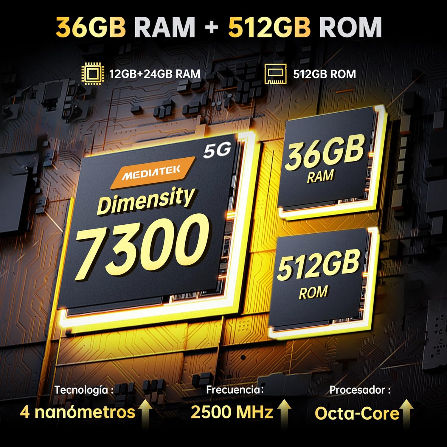 L'immagine mostra un processore con il testo "Dimensity 7300". Informazioni su RAM e ROM.