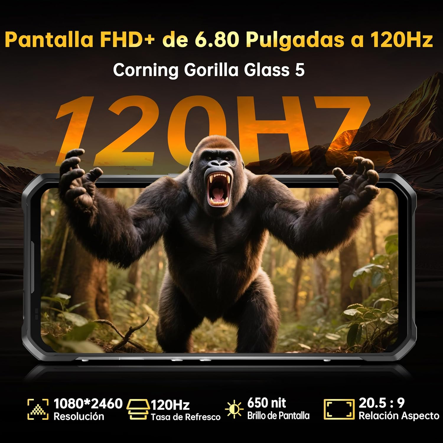 Lo schermo di uno smartphone mostra un gorilla con la bocca aperta. Le specifiche includono 120Hz, schermo da 6,80 pollici e Corning Gorilla Glass 5.