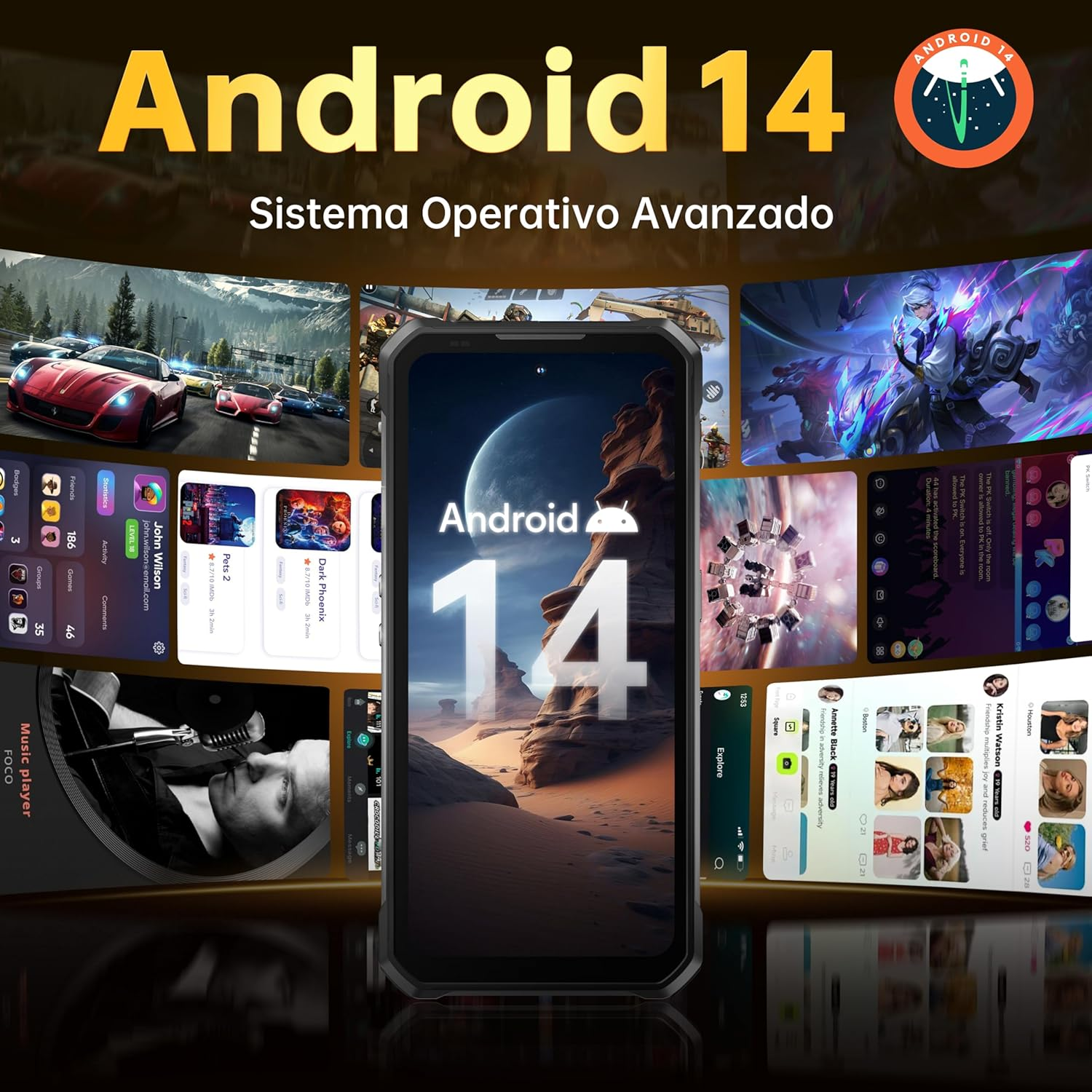Uno smartphone mostra Android 14, circondato da icone di app. Il telefono ha un design robusto. Lo sfondo presenta un paesaggio panoramico.