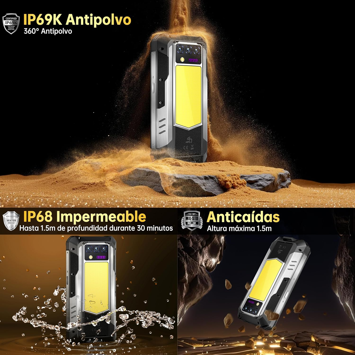 Tre angolazioni di uno smartphone robusto. Le caratteristiche includono IP68 impermeabile, IP69K antipolvere e protezione anticaduta. Luce gialla visibile.