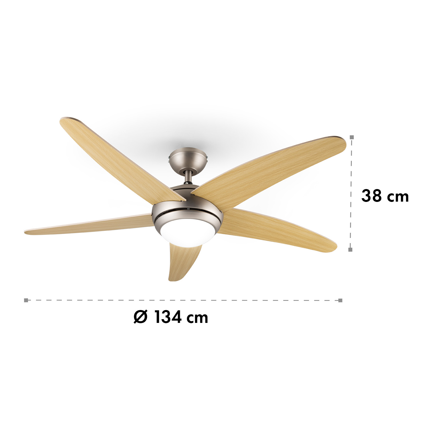 Un ventilador de techo con cinco aspas de madera. El ventilador tiene una luz central y está sobre un fondo blanco. Se muestran las dimensiones.