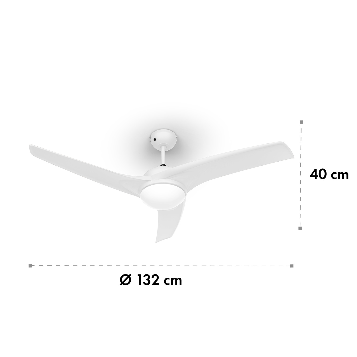 Un ventilatore da soffitto con tre pale bianche. Il ventilatore ha una luce centrale e si trova su uno sfondo bianco. Le dimensioni sono indicate.